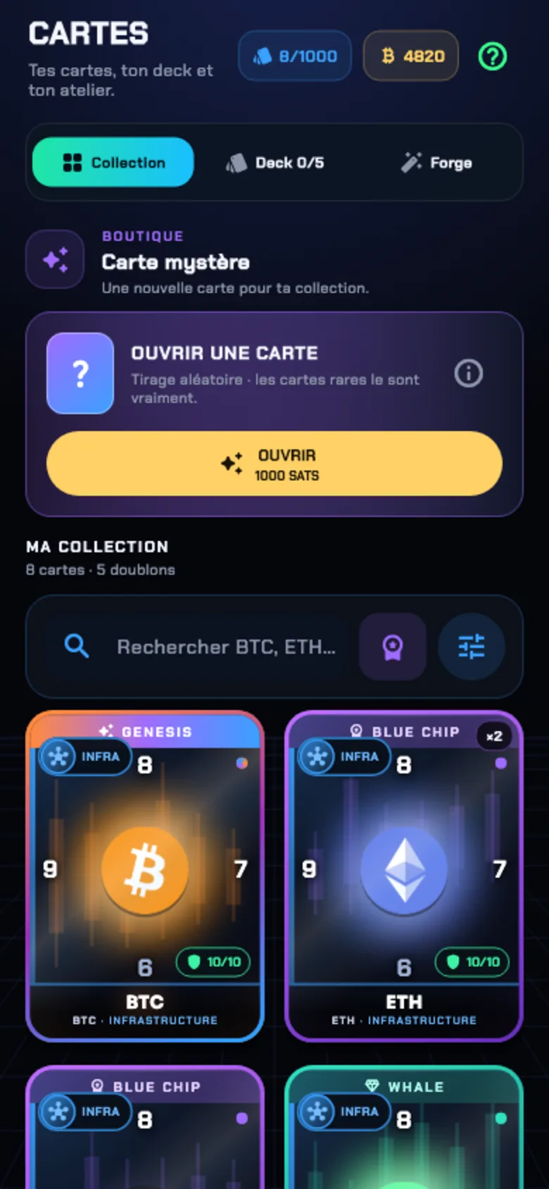 Écran collection de HODL DECK : cartes regroupées par rareté avec leur taux de complétion