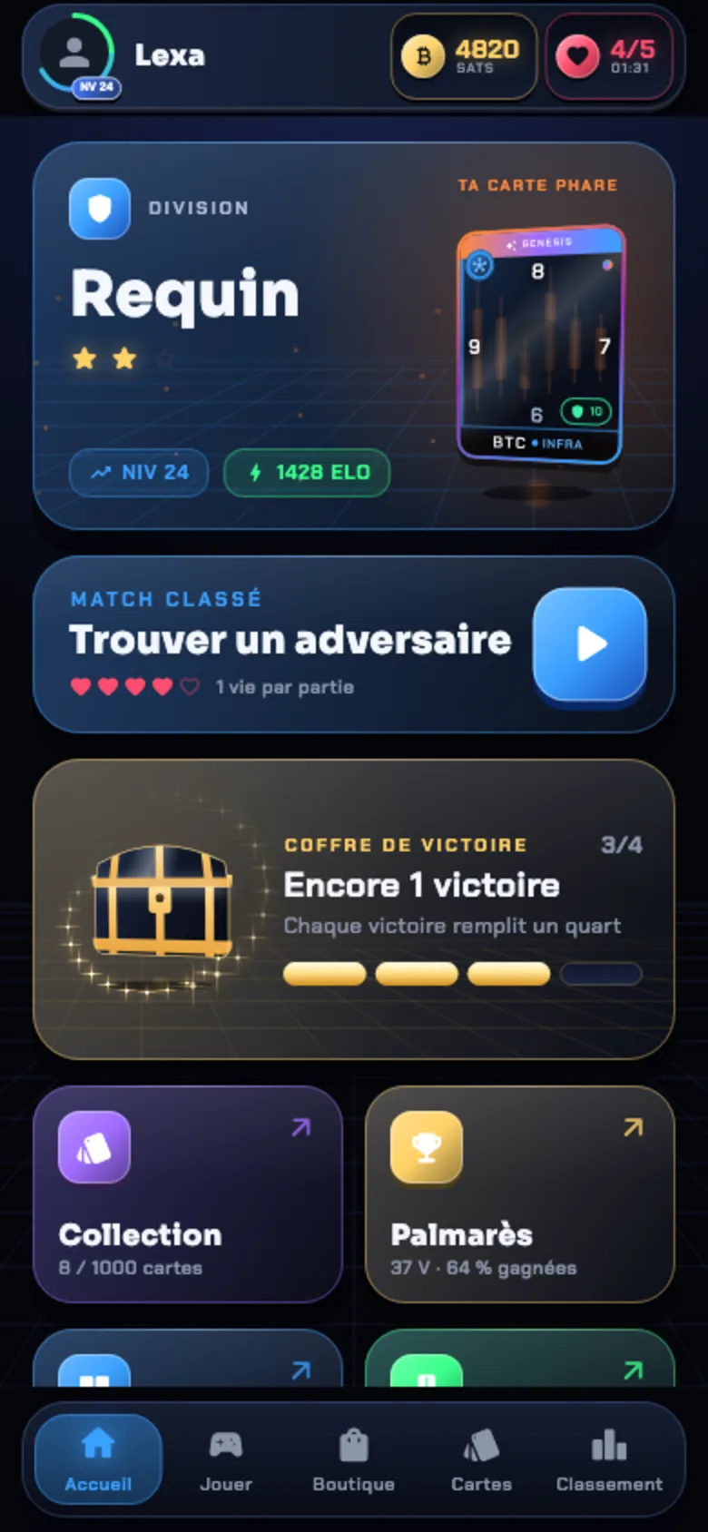 Écran d'accueil de HODL DECK : division Requin, carte phare Bitcoin et jauge du coffre de victoire